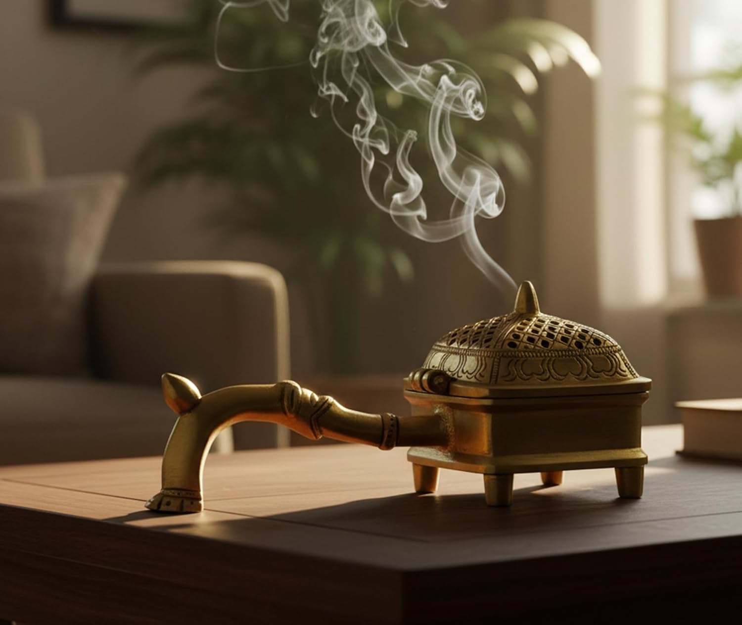 Esplanade Brass Incense Burner Dhoop Dani Stand with Handle- 15 Cms(Square)